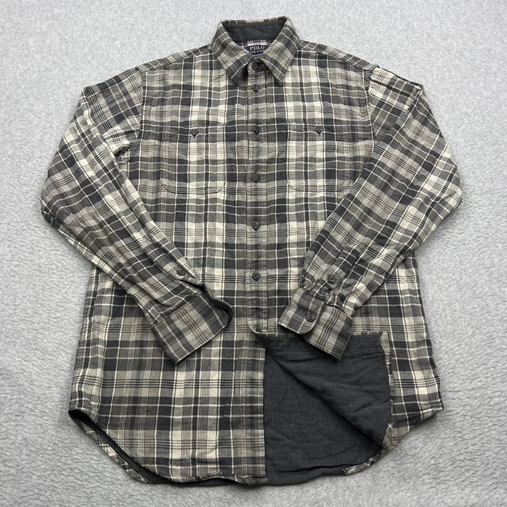 Polo Ralph Lauren Flannel Mens Medium Gray Plaid Relaxed Fit‎ Double Faced Shirt